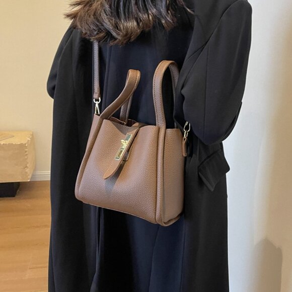 Brown PU Leather Turn Lock Mini Tote - Picture 3 of 6